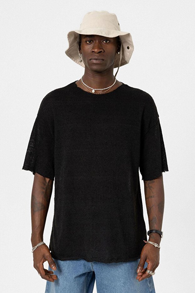 Basic Oversize Örme Triko Tişört Siyah - 2