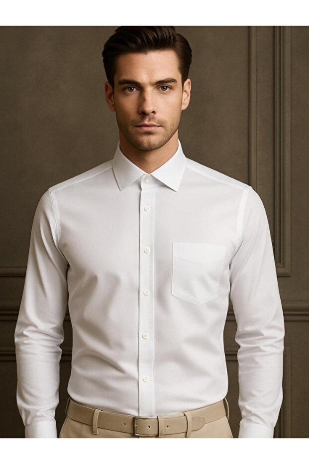 Salita Men's Regular (Wide Cut) Cotton Satin White Cotton Pocket Shirt