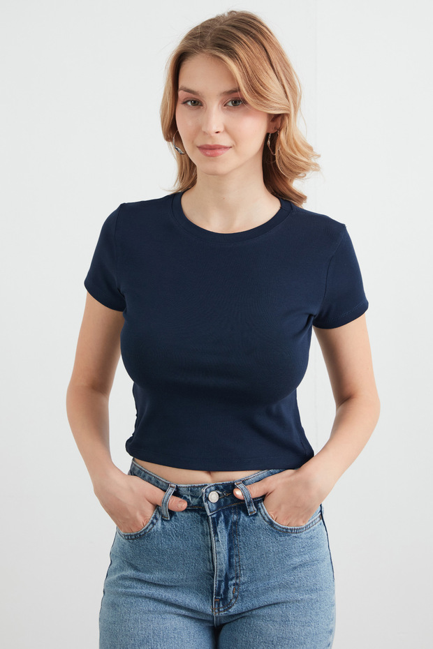 Basic Yanları Stoperli Crop Tişört - 1