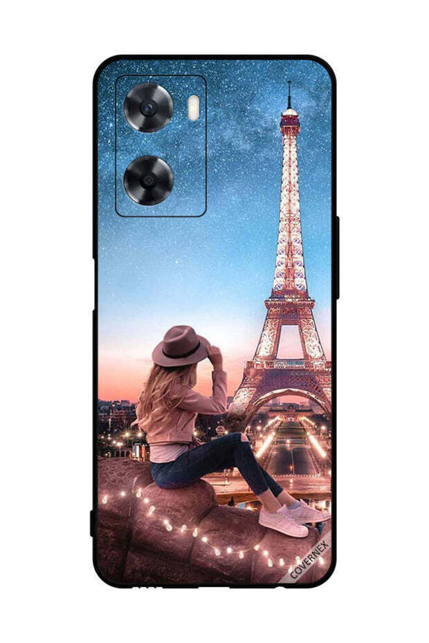 غطاء حماية لهاتف Oppo A77 4G بتصميم فتاة القبعة وبرج إيفل