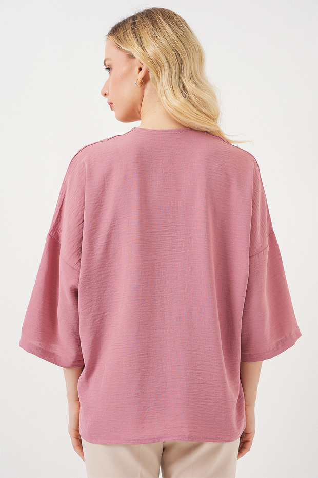 Kadın Kısa Kol Oversize Kimono 5969 - Gül Kurusu - 6