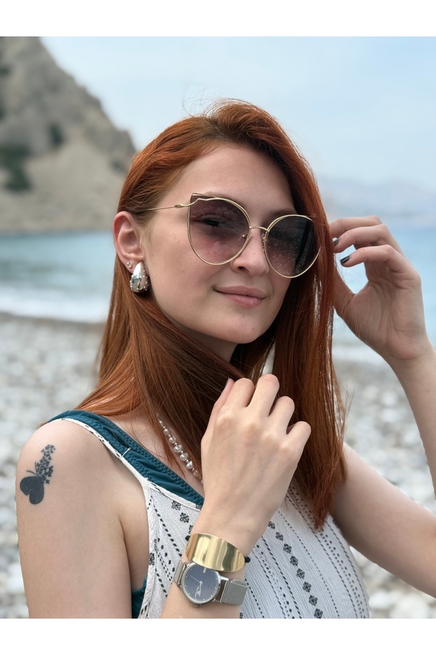 Gold Metal Cat Eye Framed Brown Gradient Glass Stylish Women's Glasses