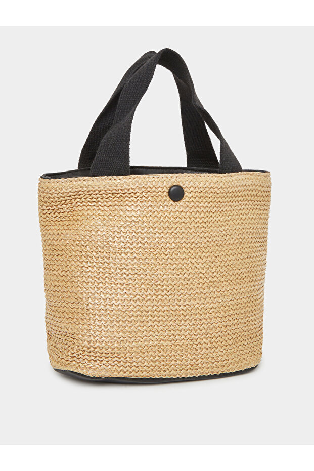 Two Tone Straw Beach Bag with Snap Closure