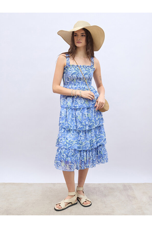 Abstract Print Smocked Tiered Midi Dress