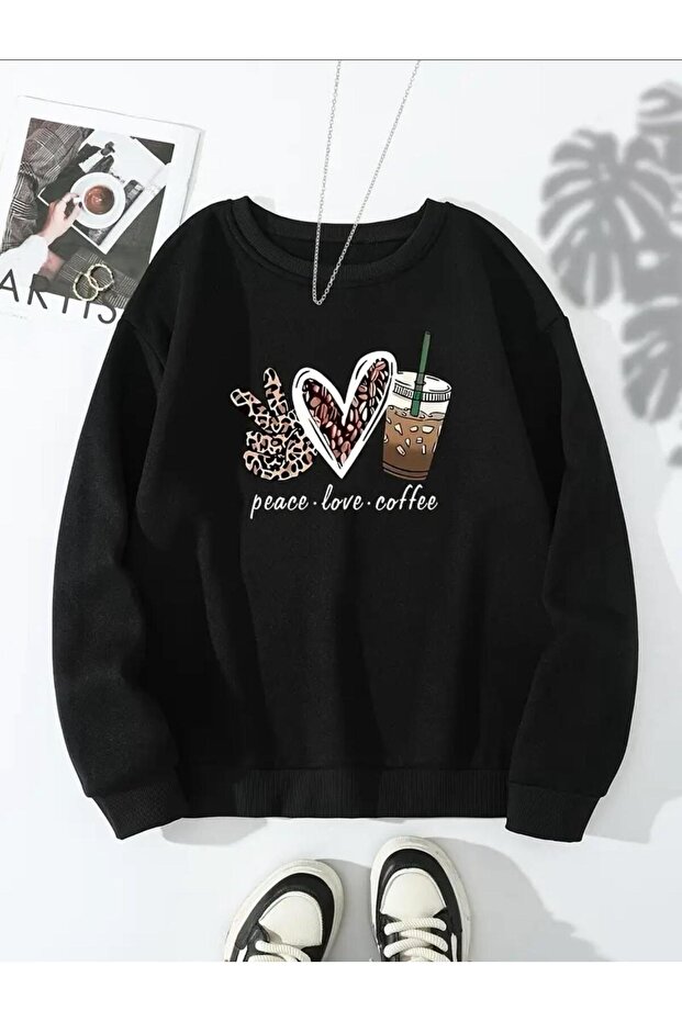 سويت شيرت أسود برقبة دائرية مطبوع عليه Peace Love Coffee