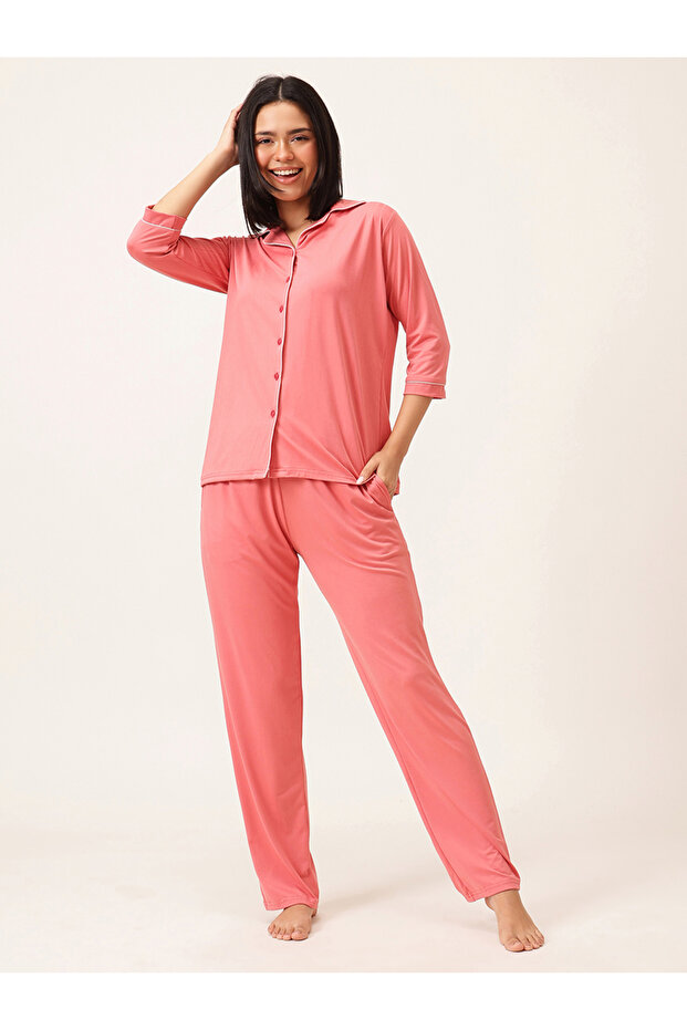 Solid 3/4 Sleeve Shirt and Pyjama Set