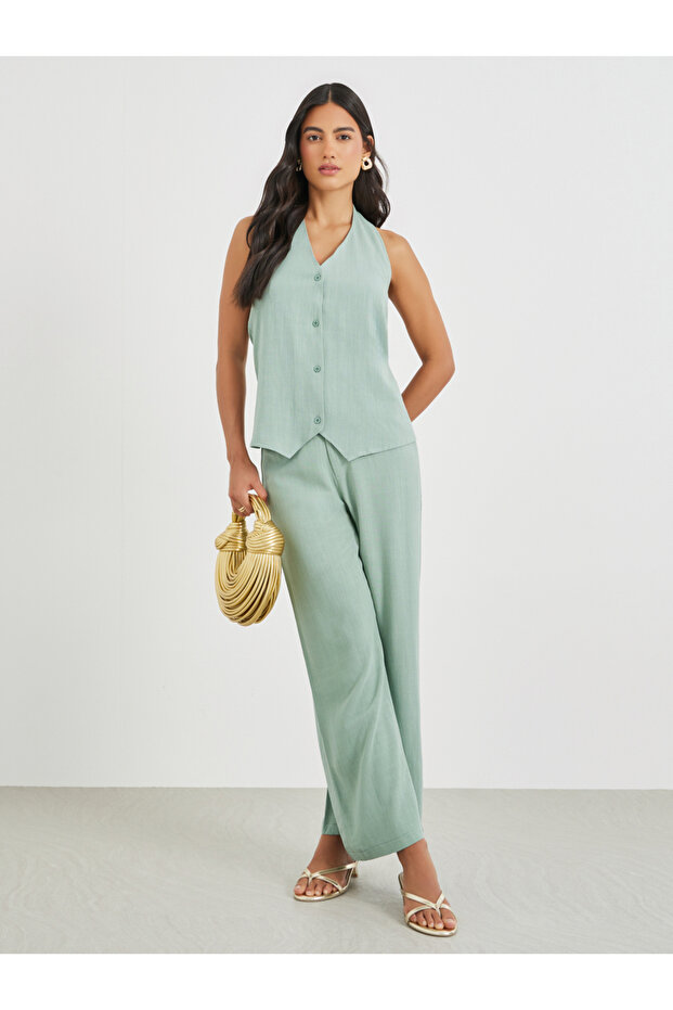 Solid Halter Neck Buttoned Waistcoat - 2