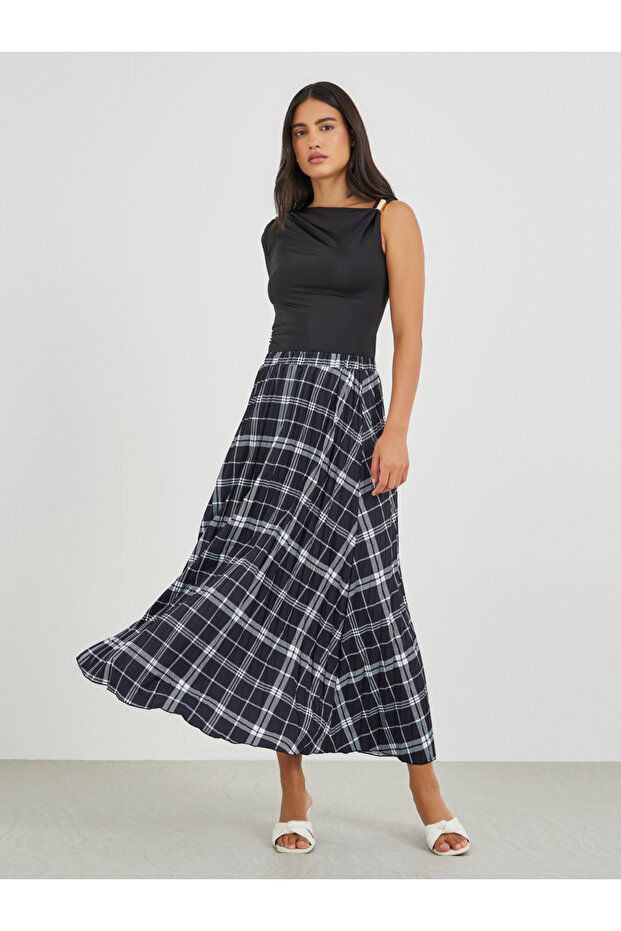 Checked A-Line Midi Skirt