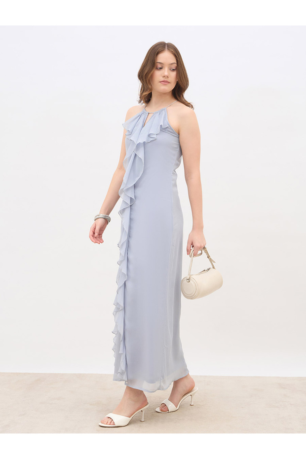 Solid Ruffle Detail Sleeveless A-Line Maxi Dress