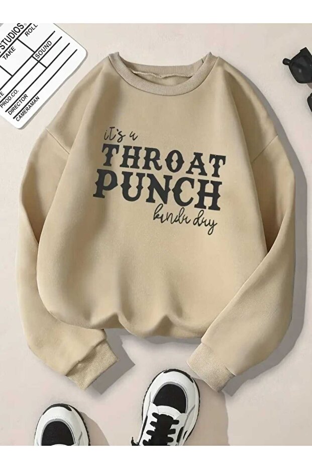 Throat Punch Printed Crew Neck Beige Sweatshirt