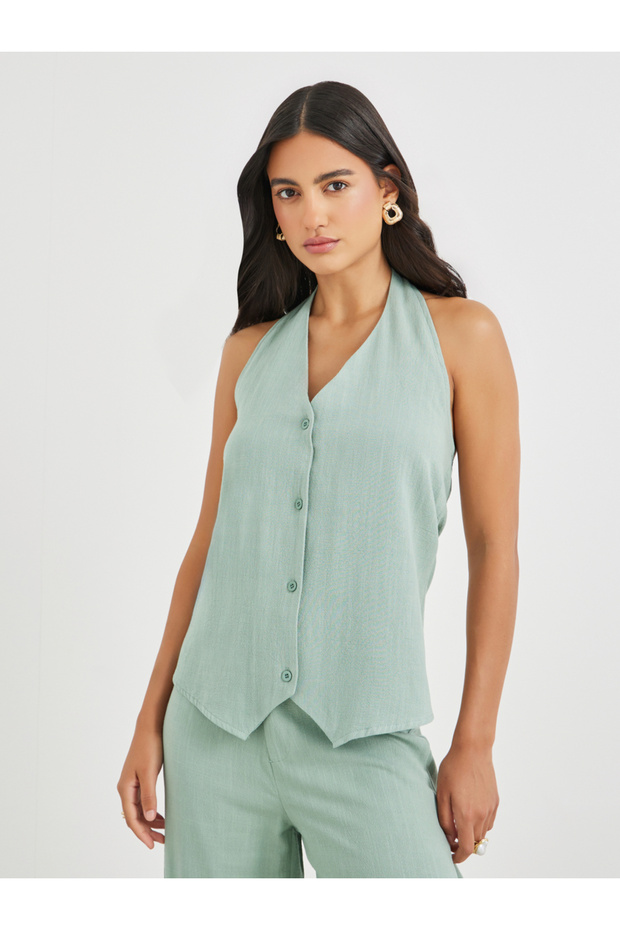 Solid Halter Neck Buttoned Waistcoat - 1