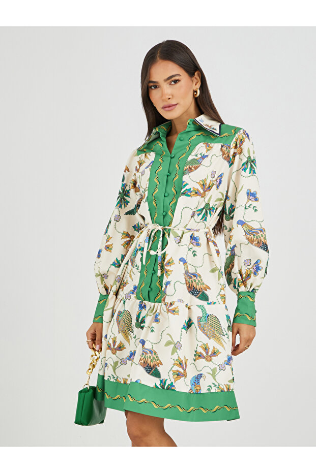 Printed Long Sleeves Shirt Knee-Length Dress