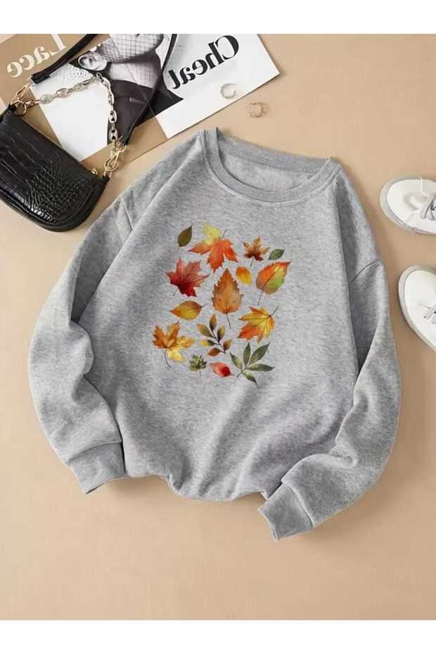 Autumn Leaves Printed Crew Neck Gray Sweatshirt