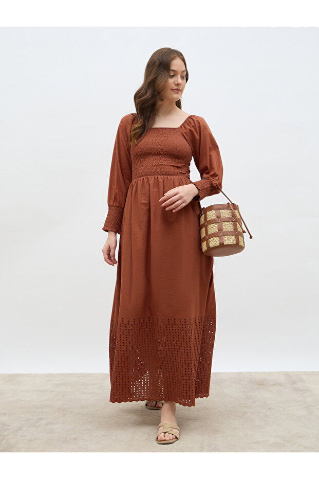 Women Rust Smocked Square Neck A-Line Maxi Dress with Schiffli Hem