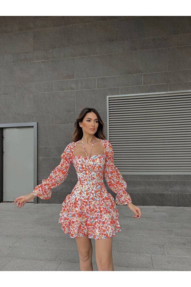 Çiçek Desenli Şifon Elbise - 1