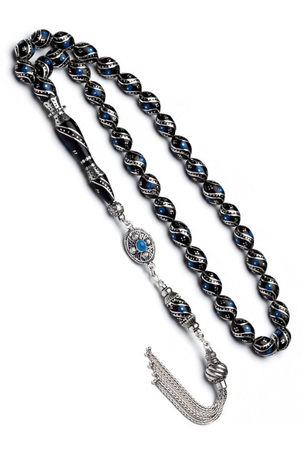Sertifikalı Gümüş Püskül Çeşm-i Bülbül İşlemeli 7.5x10mm Erzurum Oltu Taşı Tesbih - 2
