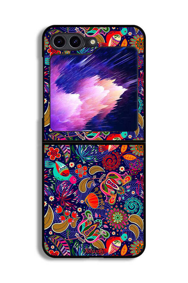 غطاء حماية لهاتف Samsung Galaxy Z Flip6 بنقشة طيور وأوراق زهور ملونة