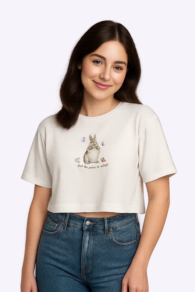 Women's Semi Crop Oversize T-Shirt - Colorful Rabbit Printed T-Shirt