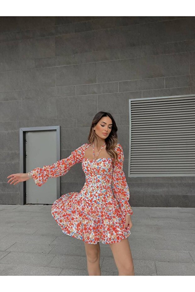 Çiçek Desenli Şifon Elbise - 2