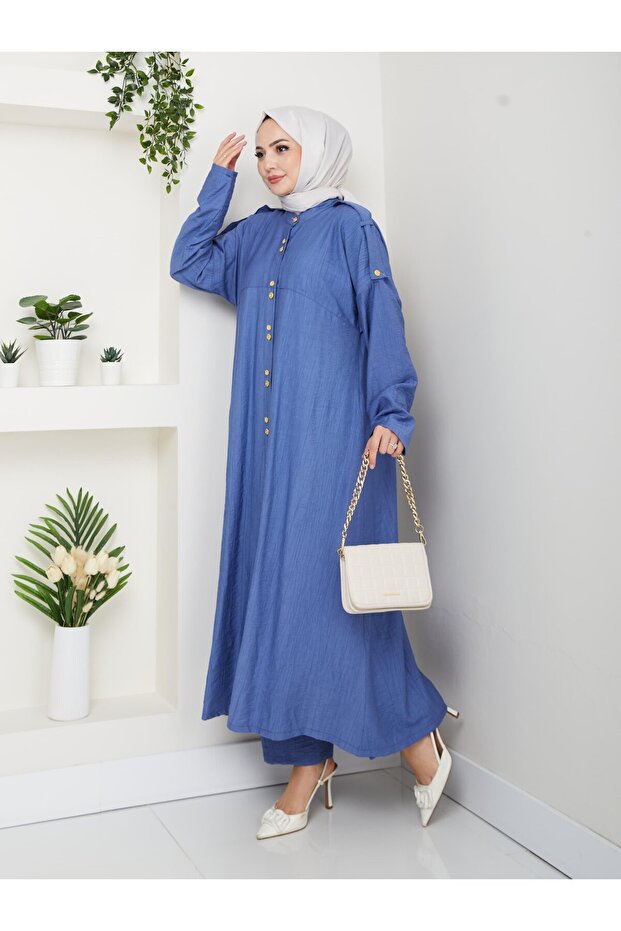 Women's Buttoned Strawberry Fabric Blue Double Suit