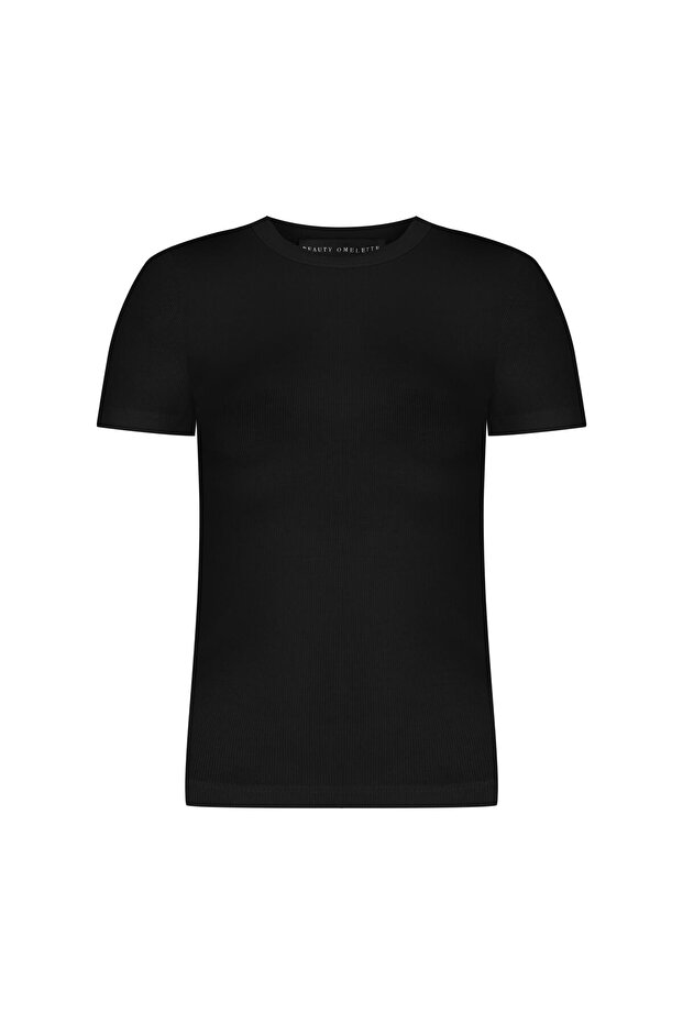 Black Ribbed Crew Neck Fitted Tshirt