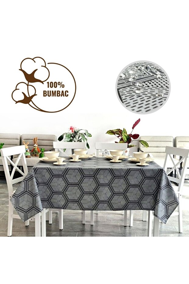 Teflon-coated cotton tablecloth, round, diameter 180cm, hexagonal pattern - 1
