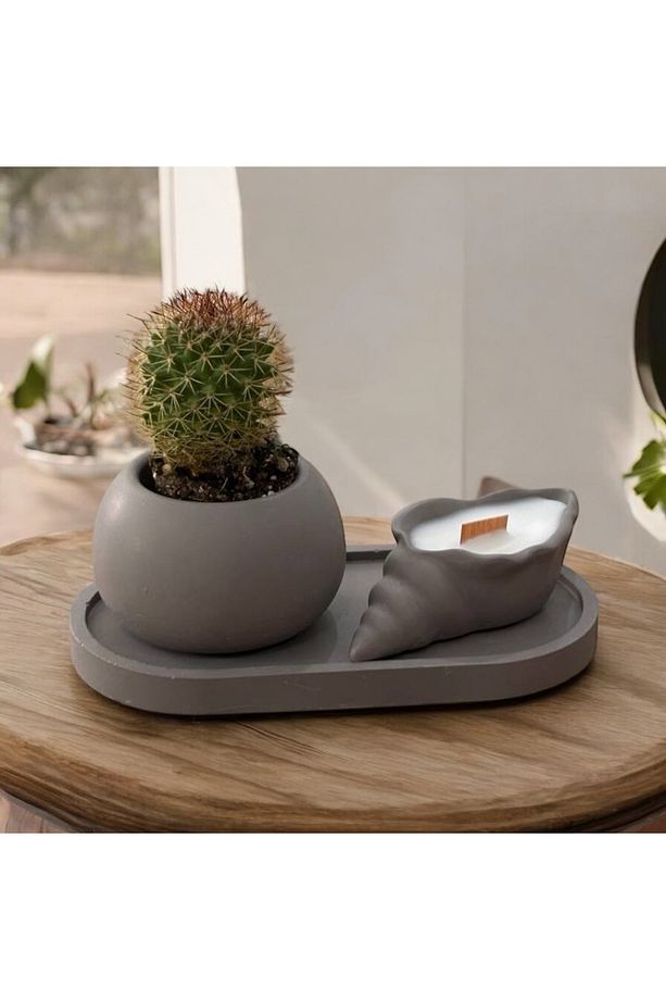 Modern Tasarım Dekoratif 3’lü Set, Handmade/ Mum,sukulent Saksı Ve Tabak - 1