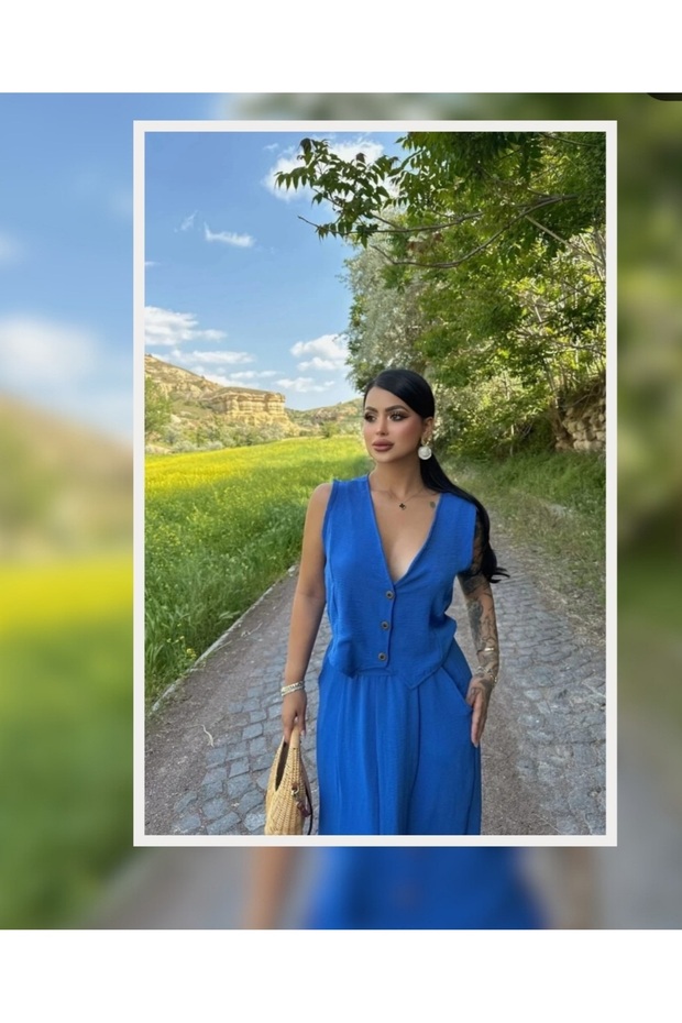Women's Blue Loose Cut Skirt Vest Suit