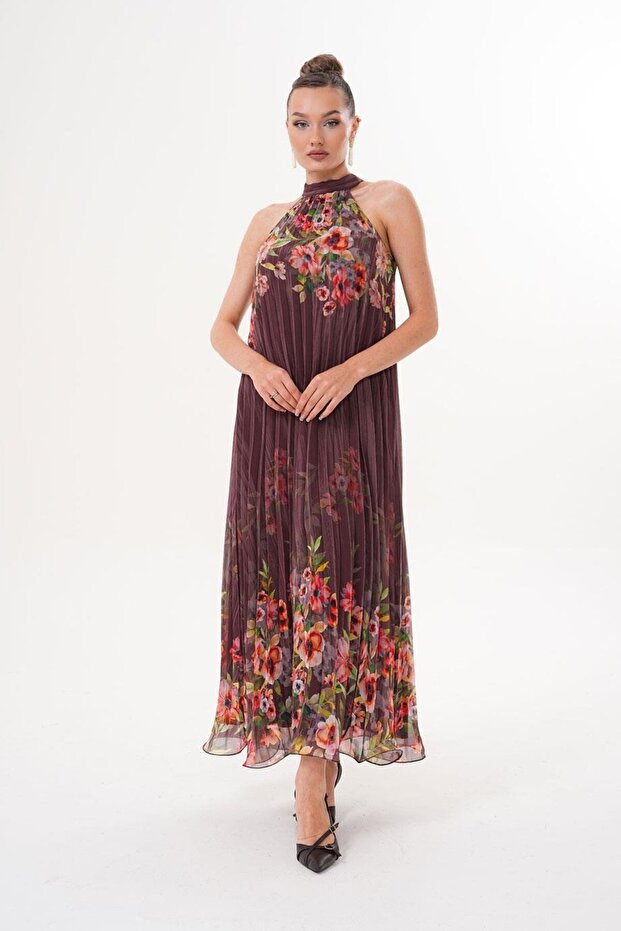 Halter Yaka Maxi Şifon Piliseli Kahverengi Elbise MCK5064 - 1