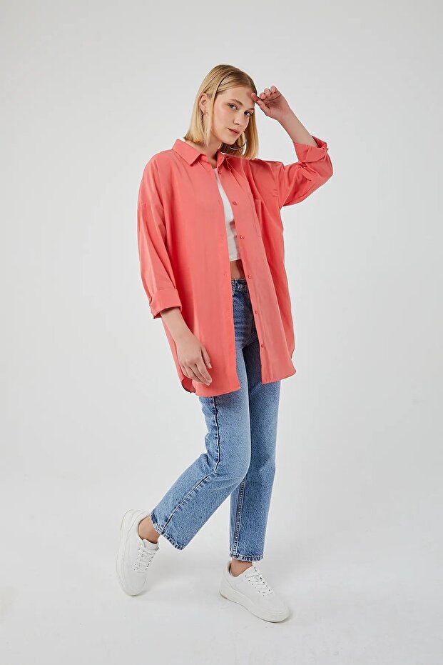 4053 Kadın Tek Cepli Oversize Basic Gömlek Nar - 2
