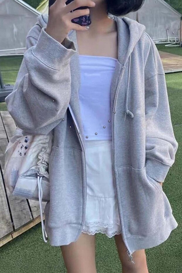 Plain Gray Melange Zippered Thick Fabric Hooded Unisex Cardigan