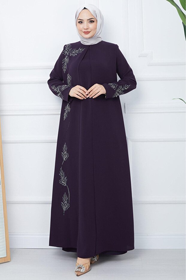 Plus Size Mother Dress with Leaf Stones Purple Ss2350