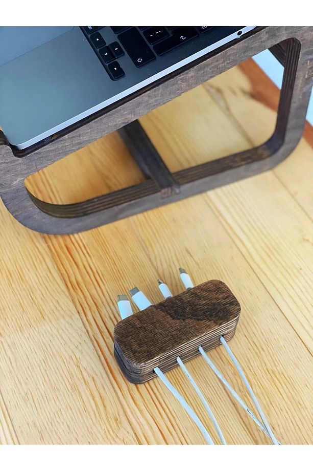 Ahşap 2'li Set Laptop Standı Yükseltici Kablo Düzenleyici Notebook Yükseltici - 3