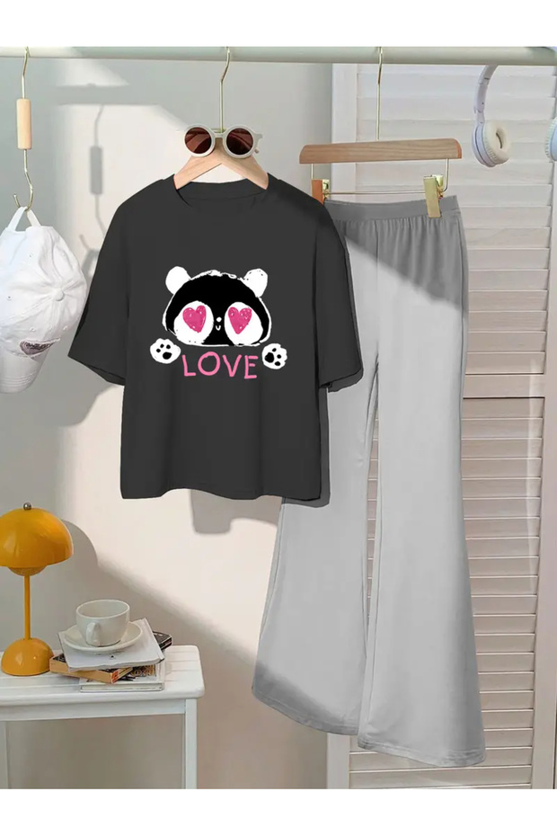 Children's Panda Printed T-Shirt Spanish Leg Tracksuit Set