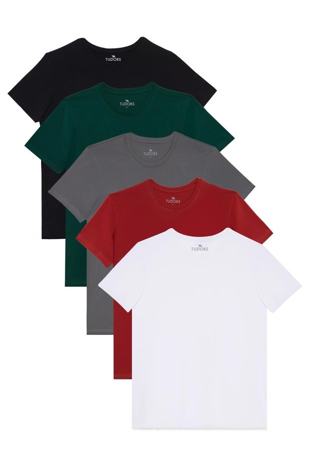 Unisex 5-Pack White-Red-Grey-Green-Black Slim Fit Slim Fit 100% Cotton Crew Neck T-Shirt
