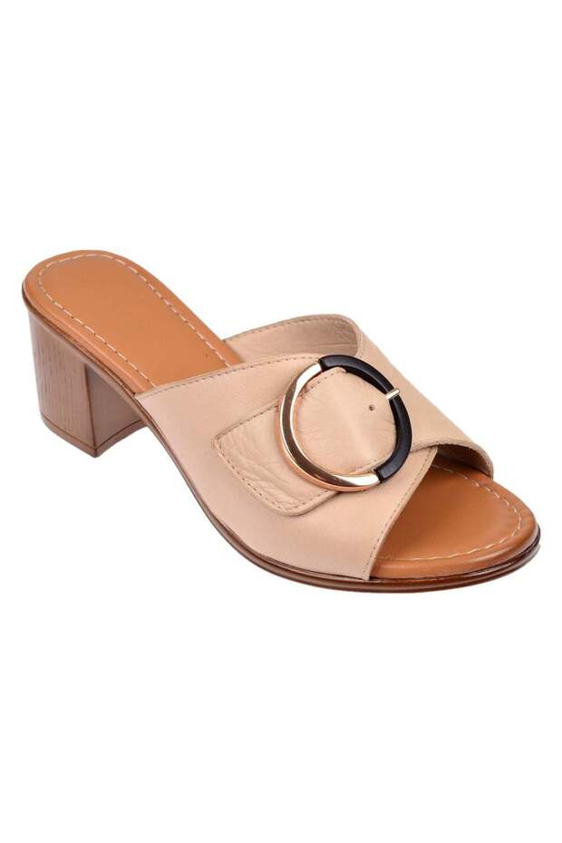 Genuine Leather 6 cm Heeled Women's Slippers Cb-4576 Beige