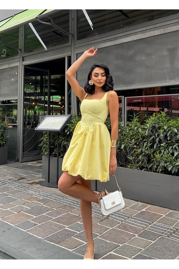 Kadın Sarı Askılı Balon Etek Yazlık Mini Elbise - 2