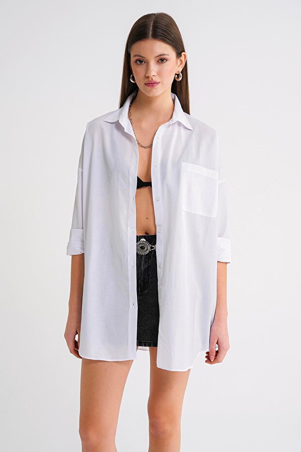4053 Kadın Tek Cepli Oversize Basic Gömlek Beyaz - 3