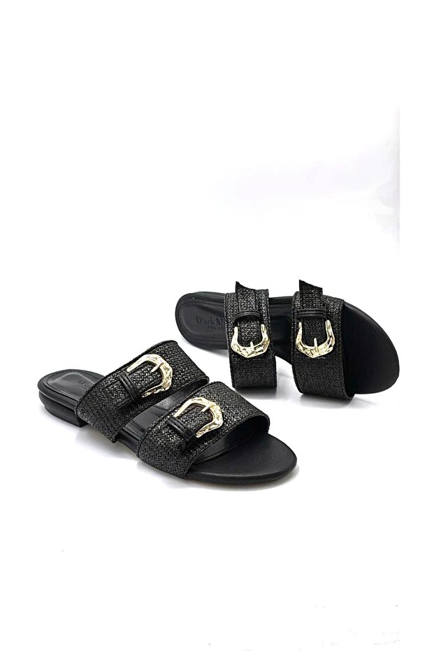 Kindep Double Buckle Detailed Daily Women's Slippers Black