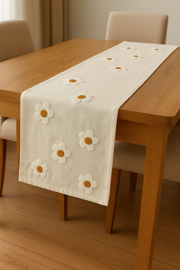 Papatya Desenli Punch Panç Nakışlı Keten Runner Masa Örtüsü 40 x 110 cm - 2