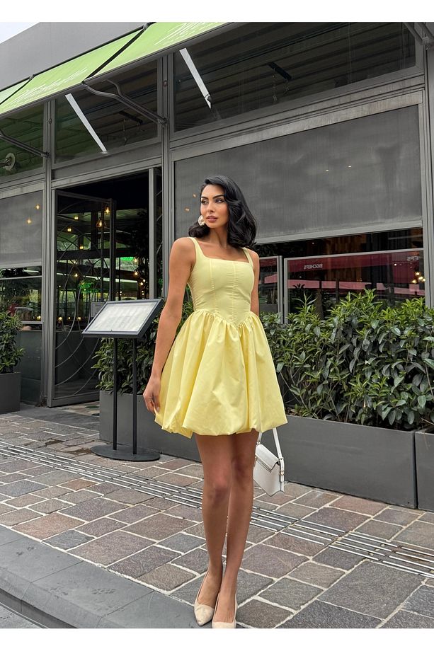Kadın Sarı Askılı Balon Etek Yazlık Mini Elbise - 1