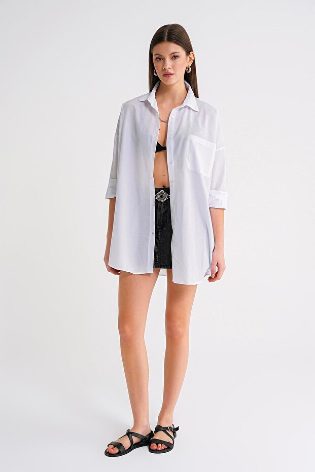 4053 Kadın Tek Cepli Oversize Basic Gömlek Beyaz - 1