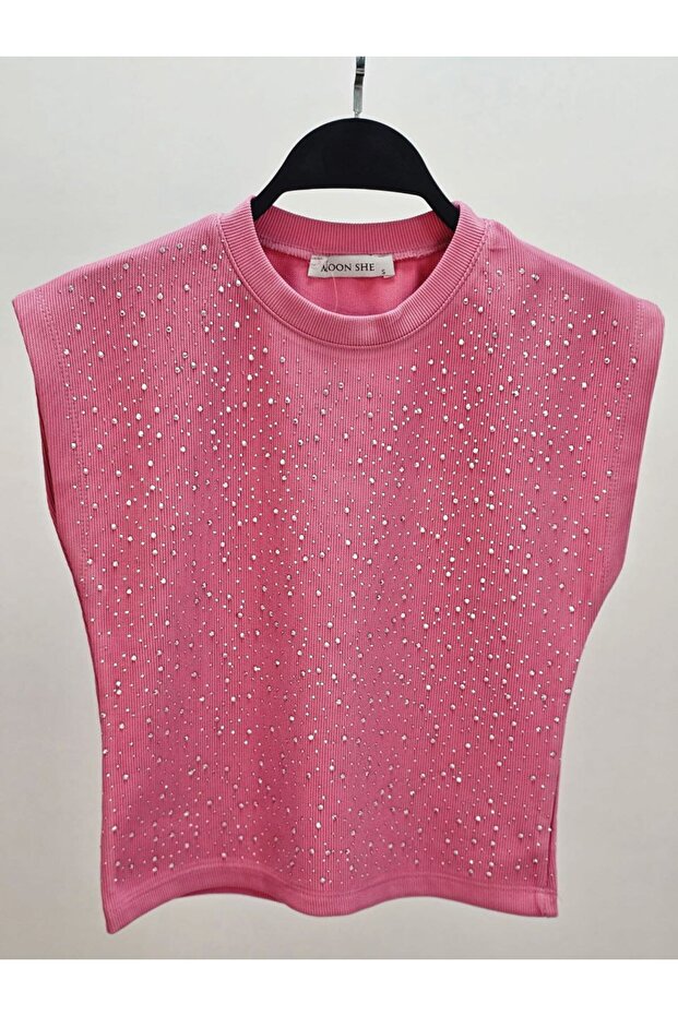 Taş işlemeli kolsuz bluz - 1