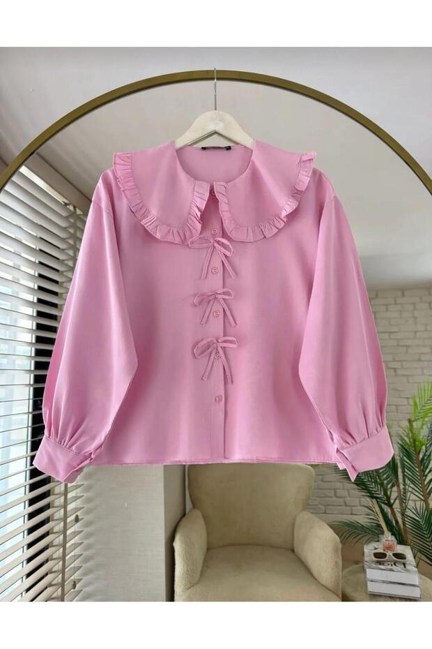 Poplin Fabric Collar Detailed Bow Skirt Top Shirt