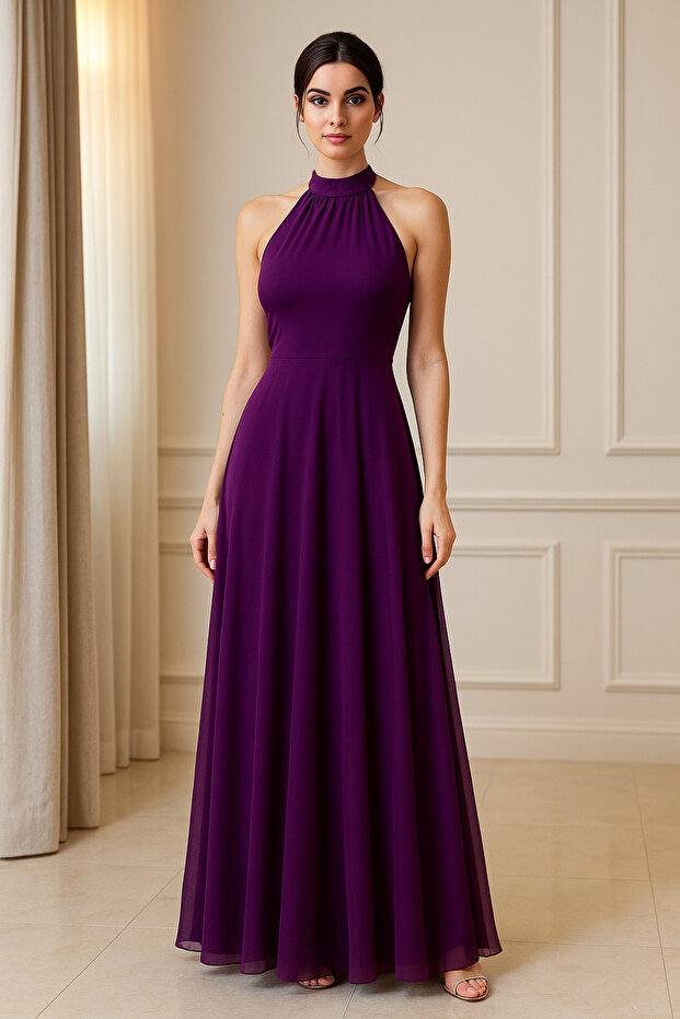Halter Neckline Tulle Detail Long Evening Dress