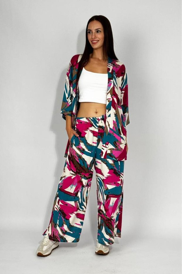 Woven Viscose Relaxed Cut Kimono Bottom Long Suit Fuchsia