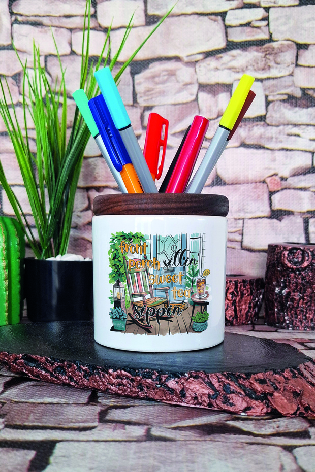 Front Porch Sittin Sweet Tea Sippin Printed Ceramic Pen Holder Desktop Organizer