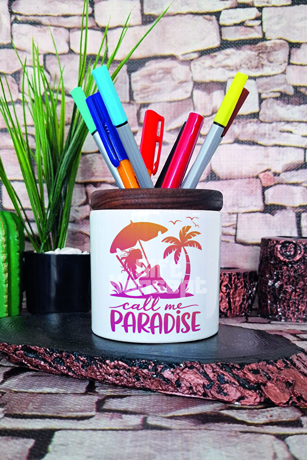 حامل أقلام سيراميك مطبوع عليه Call Me Paradise منظم سطح المكتب