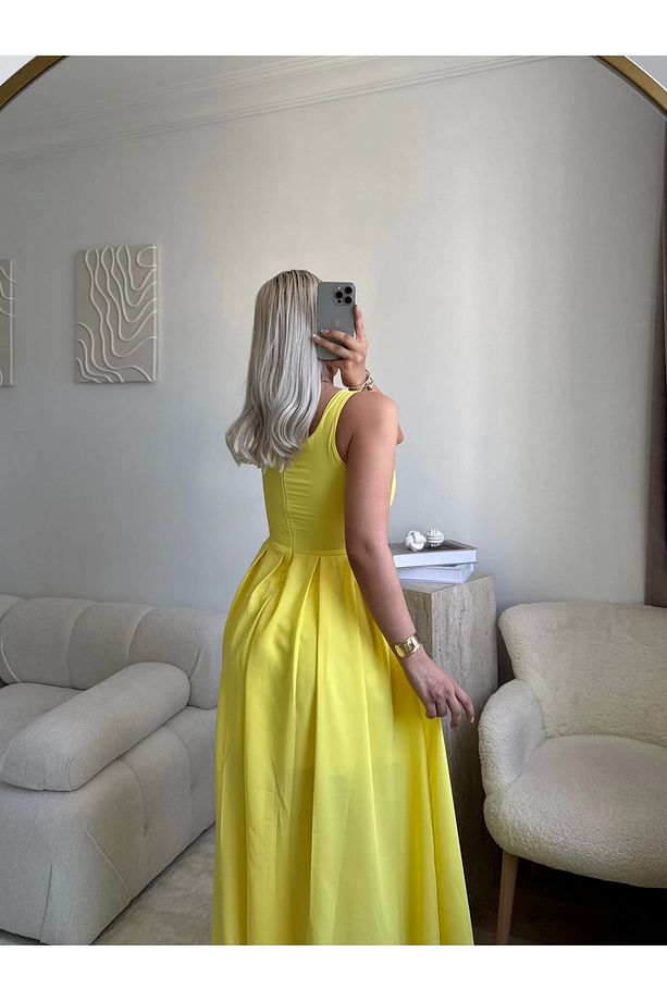Valeria Kare Yaka Midi Elbise - SARI - 3