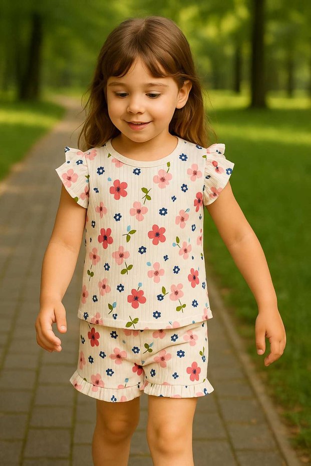 Girl's Summer Floral Shorts Set |   Cream Ruffle Sleeve Blouse + Shorts |   Vacation, Daily, Park Combination